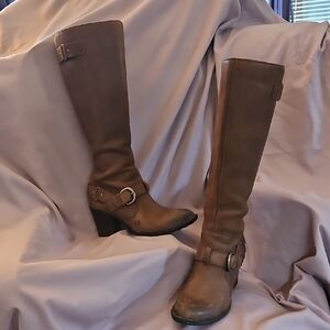 Born Shaylee Brown Leather Heeled Boots With Buckle - Size 7.5M